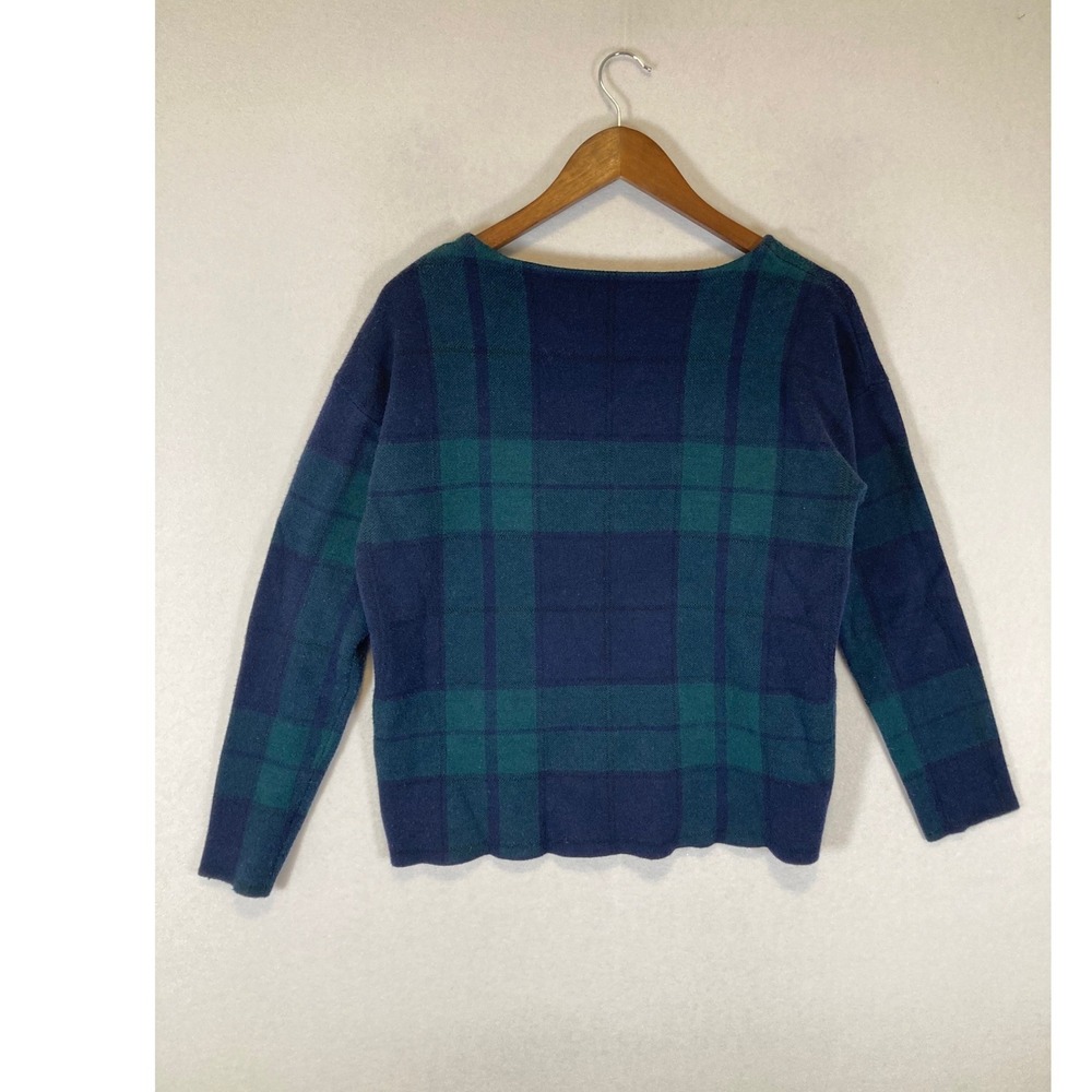 Dark Academia Tahari Womens Large Navy Green Plaid Boat Neck Knit Sweater‎ - Picture 2 of 9